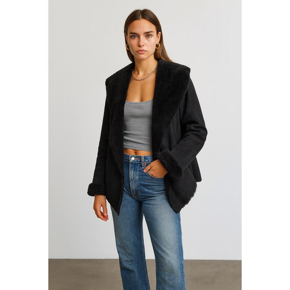 Vintage Y2K UGG Australia Shearling Suede Open Cardigan Sweater Black Medium